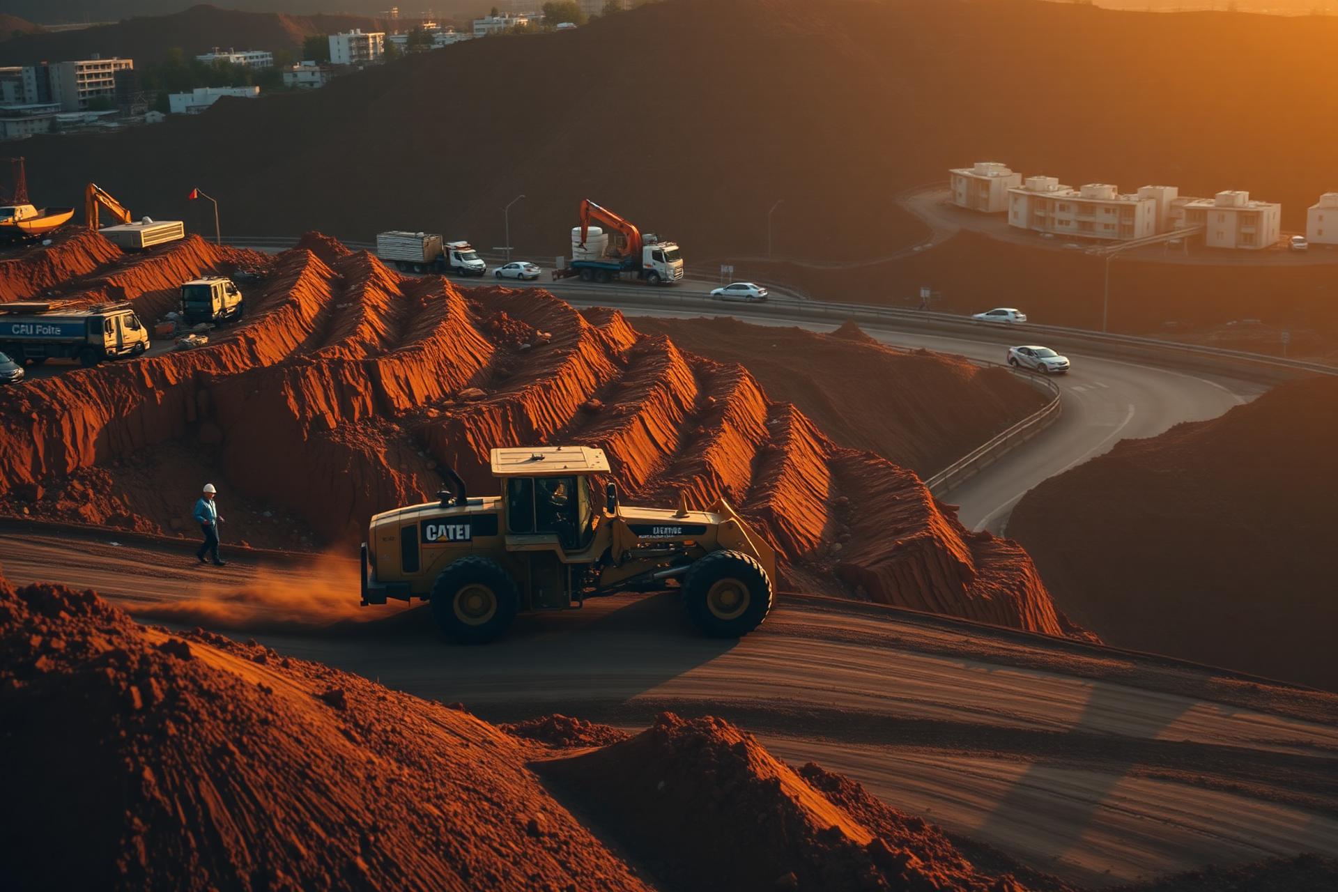 Obra de terracerías al atardecer